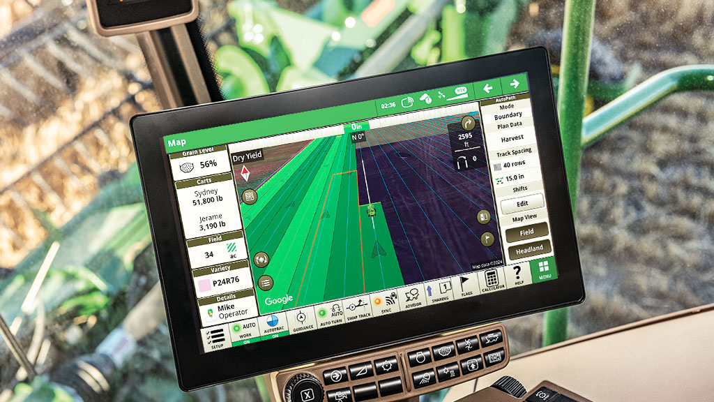 Image of G5 Display in the cab of a combine, showing guidance maps.