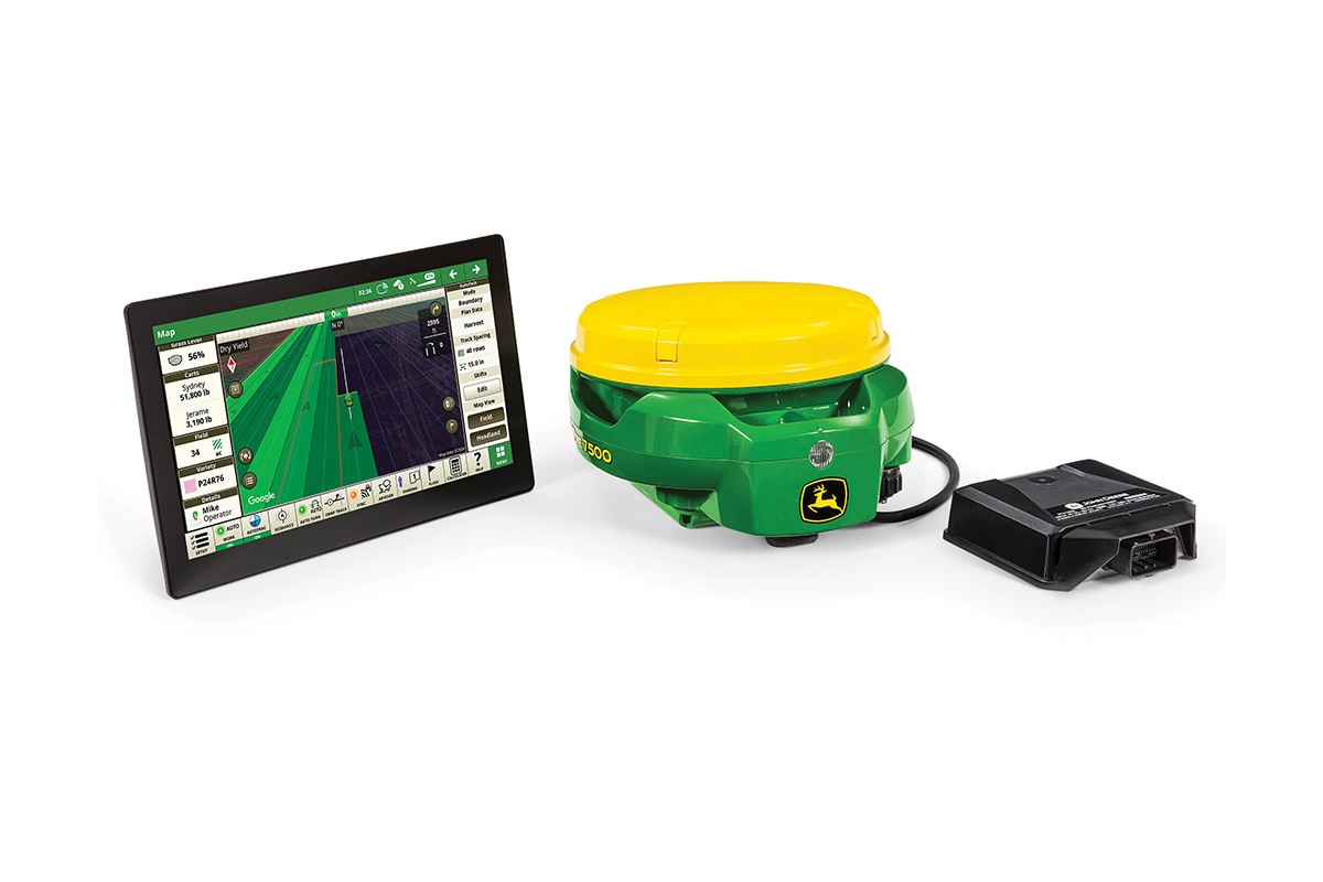 Precision ag kit with GPS receiver, touchscreen display showing field map, and compact control module.