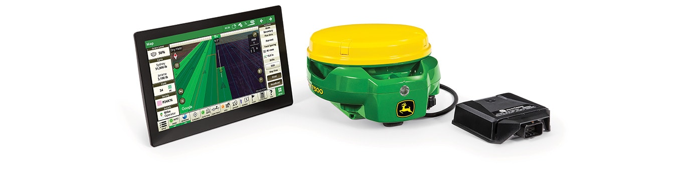 Precision ag kit with GPS receiver, touchscreen display showing field map, and compact control module.
