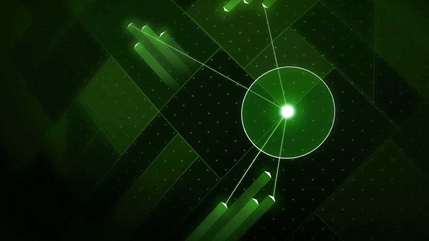 Green digital interface with central glowing circle linked to four bar graphs by lines.