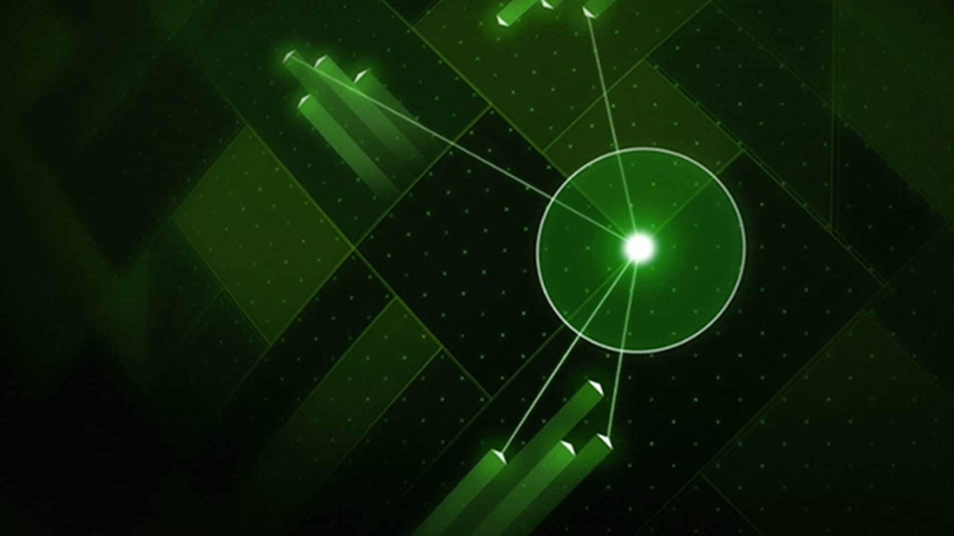 Green digital interface with central glowing circle linked to four bar graphs by lines.