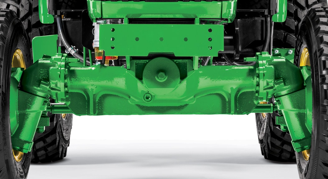 Close up of the heavy duty front axle of the 4075R Compact Utility Tractor