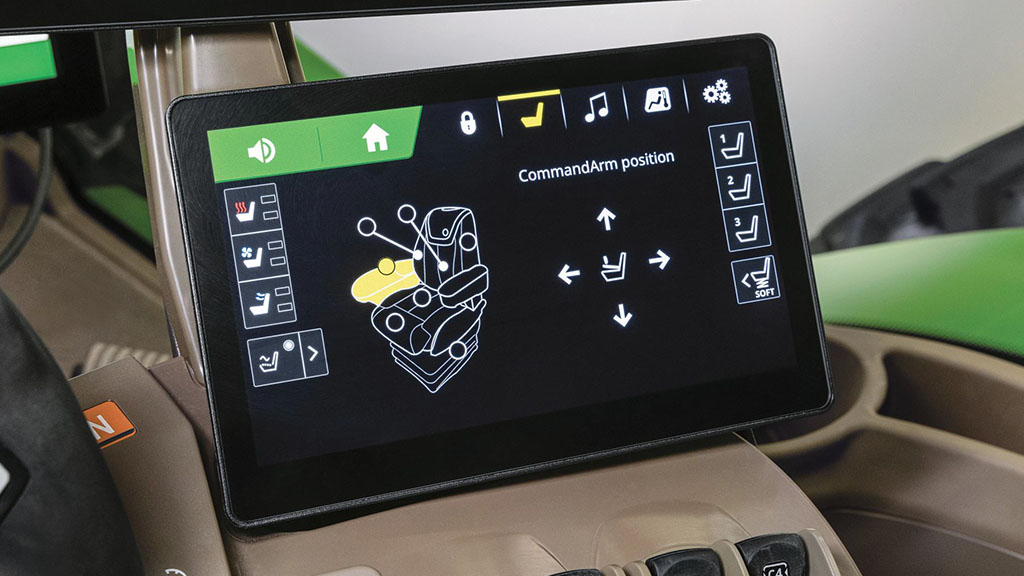 John Deere Convenience Display showing adjustable CommandARM™ positions