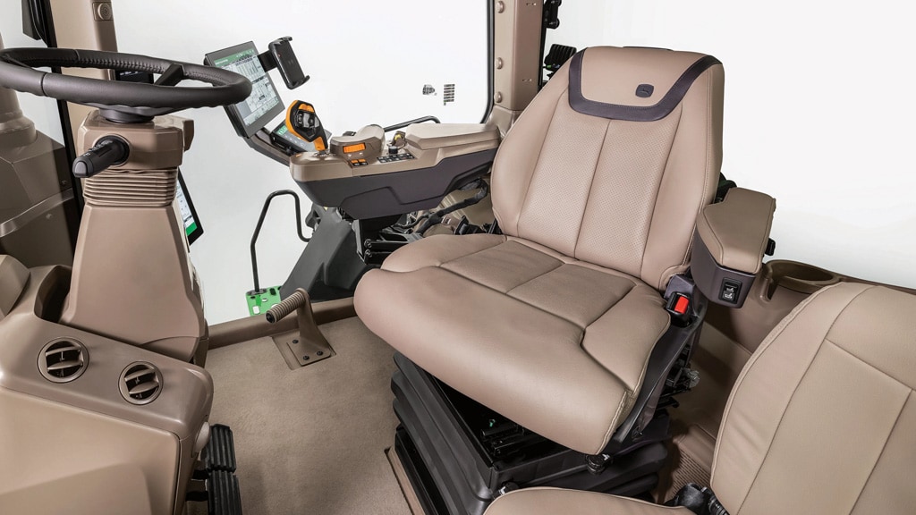 John Deere 8 Series Tractor view of the interior of a cab with the Ultimate Comfort and Convenience Package