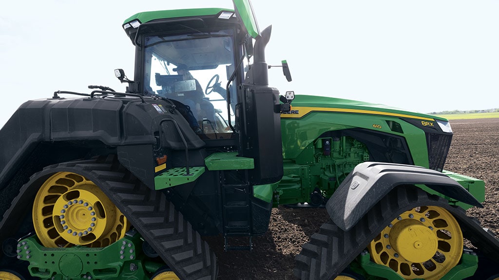 Side view of a John Deere 8RX 410 tractor