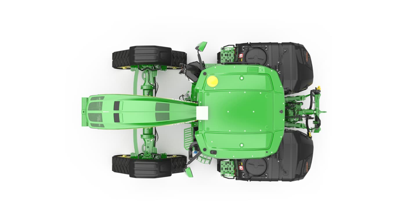 Top-facing studio shot of a 4-tracked green tractor on a white background.
