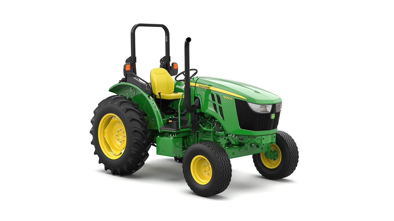 A front-right-facing studio shot of a green 5050E utility tractor on a white background.