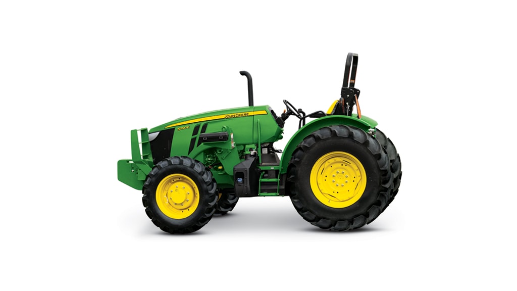 A left-facing studio shot of a green 5090E utility tractor on a white background.