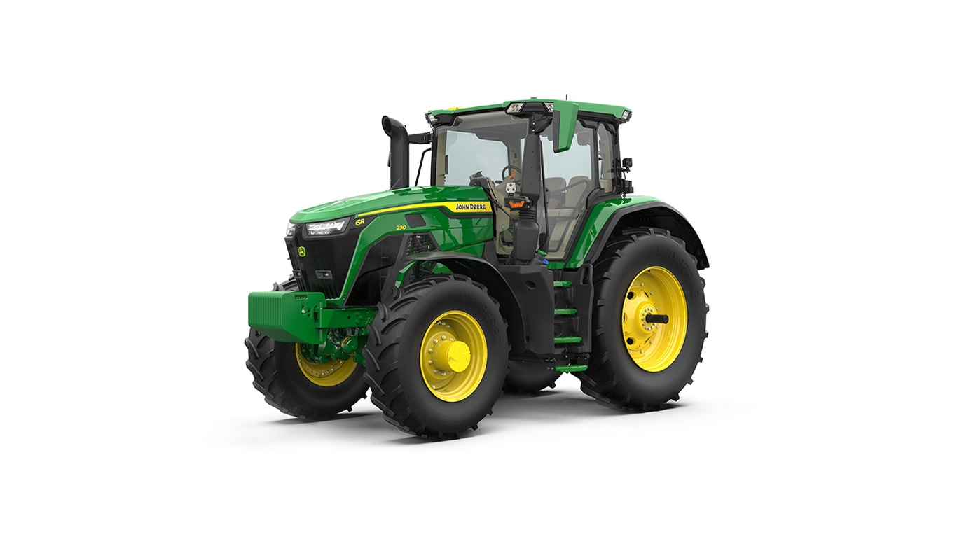 Front-left-facing studio shot of a green 6R 230 utility tractor on a white background.