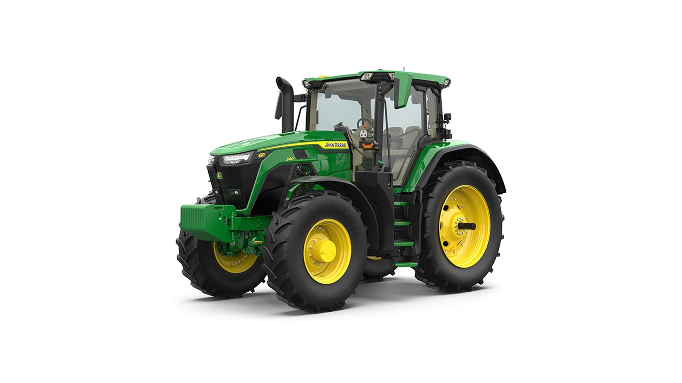 Front-left-facing studio shot of a green 6R 240 utility tractor on a white background.