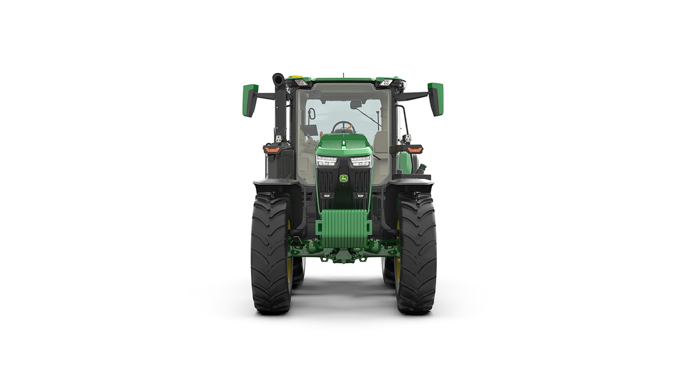 Studio shot of a front-facing cabbed green tractor on a white background.