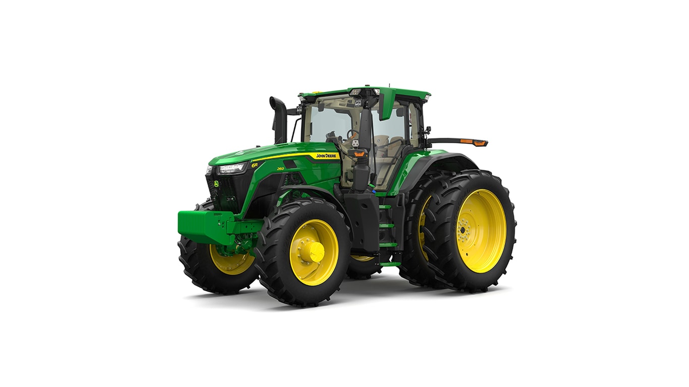 Front-left-facing studio shot of a green 6R 260 utility tractor on a white background.