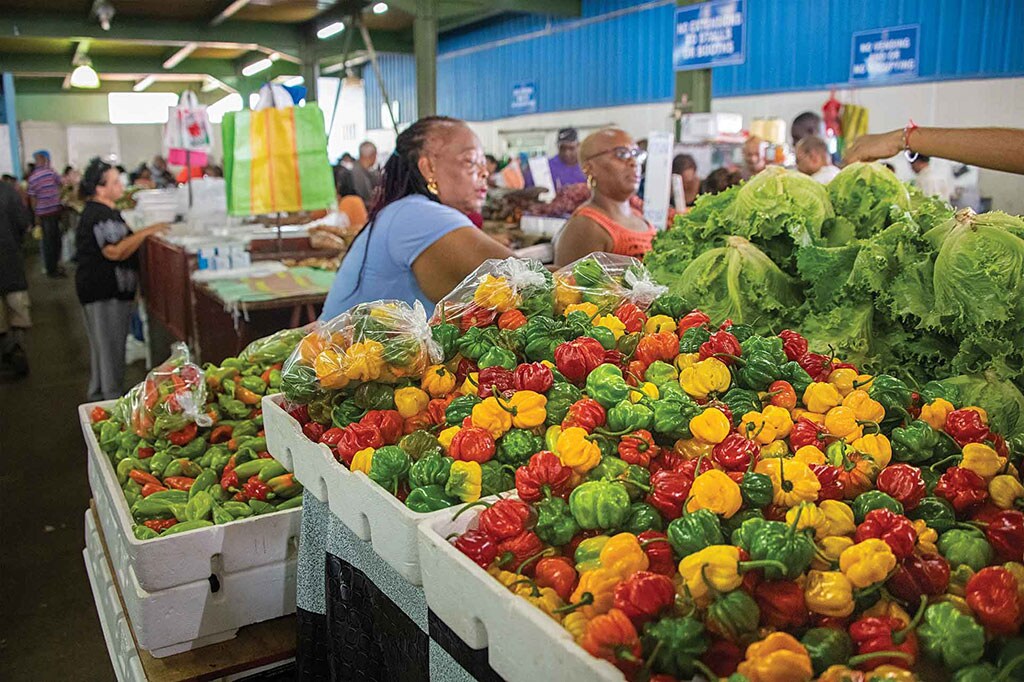 women and peppers in market