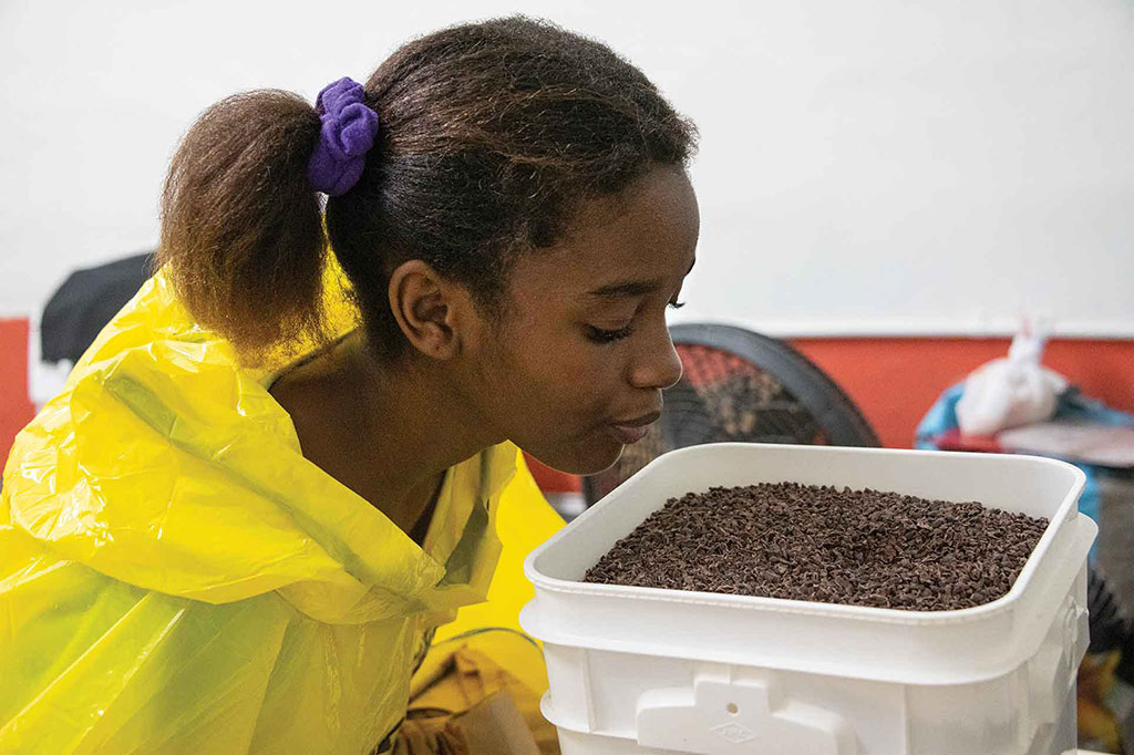 Girl smelling cocoa beans