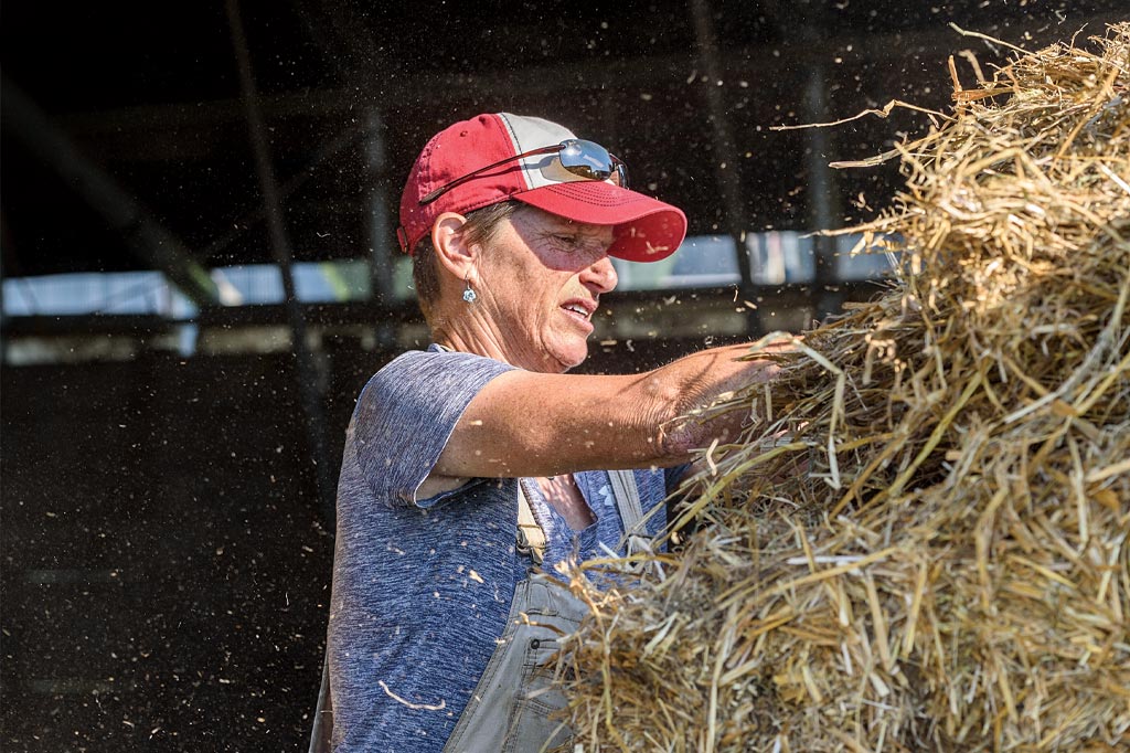 Karen Weiss of Little Foot Farm prepares bedding for her hogs.