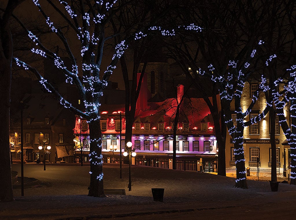 town square lit up for christmas