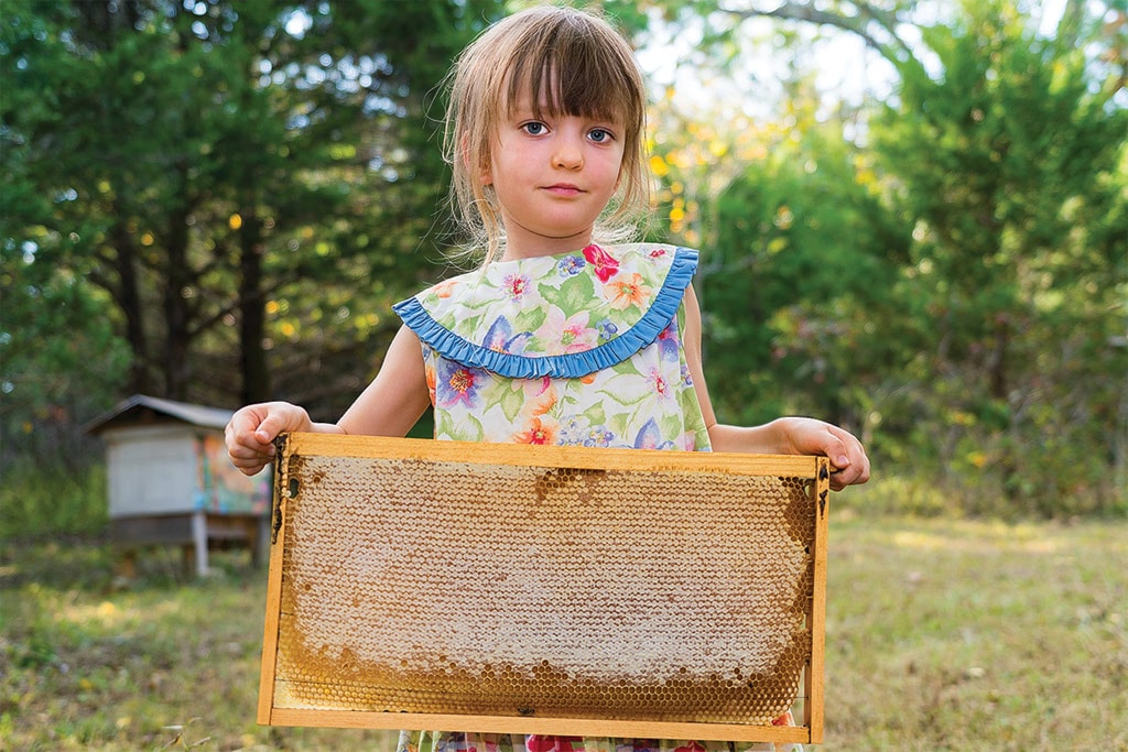 Girl with bee hive 