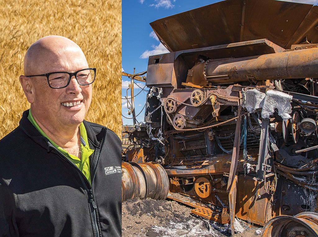 Blair standing in field and old equipment