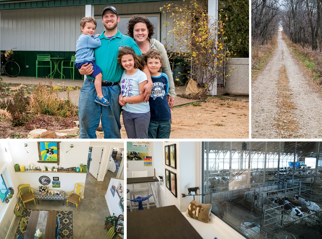 Family on property, guest rooms, office overlooking cows.
