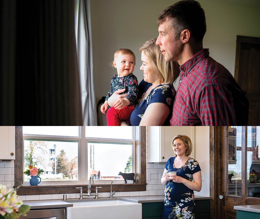 Family in farmhouse with various design objects