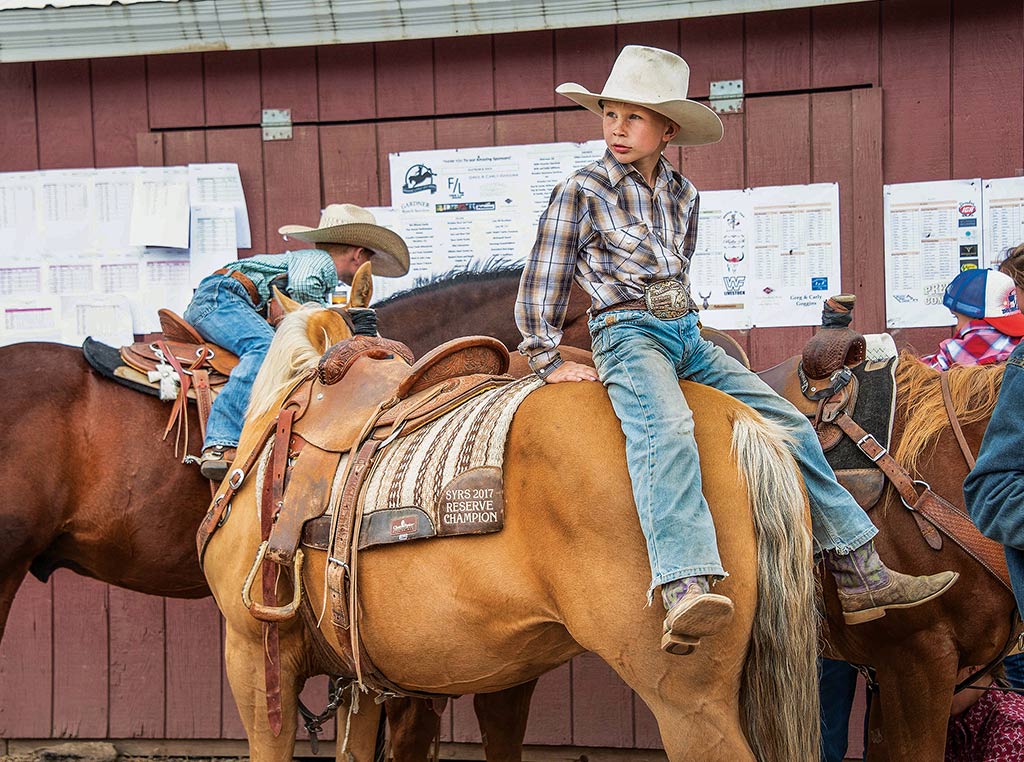 Little boy sitting on the back of a horse facing backwards