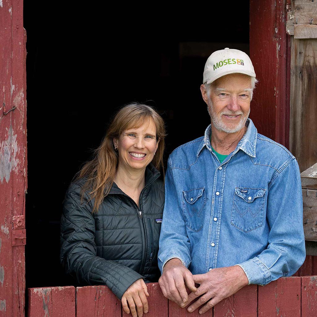 couple standing in barn doorway