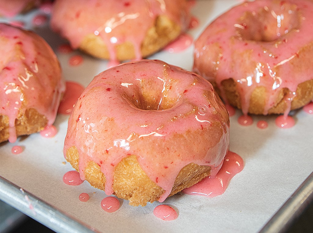 closeup of strawberry donuts