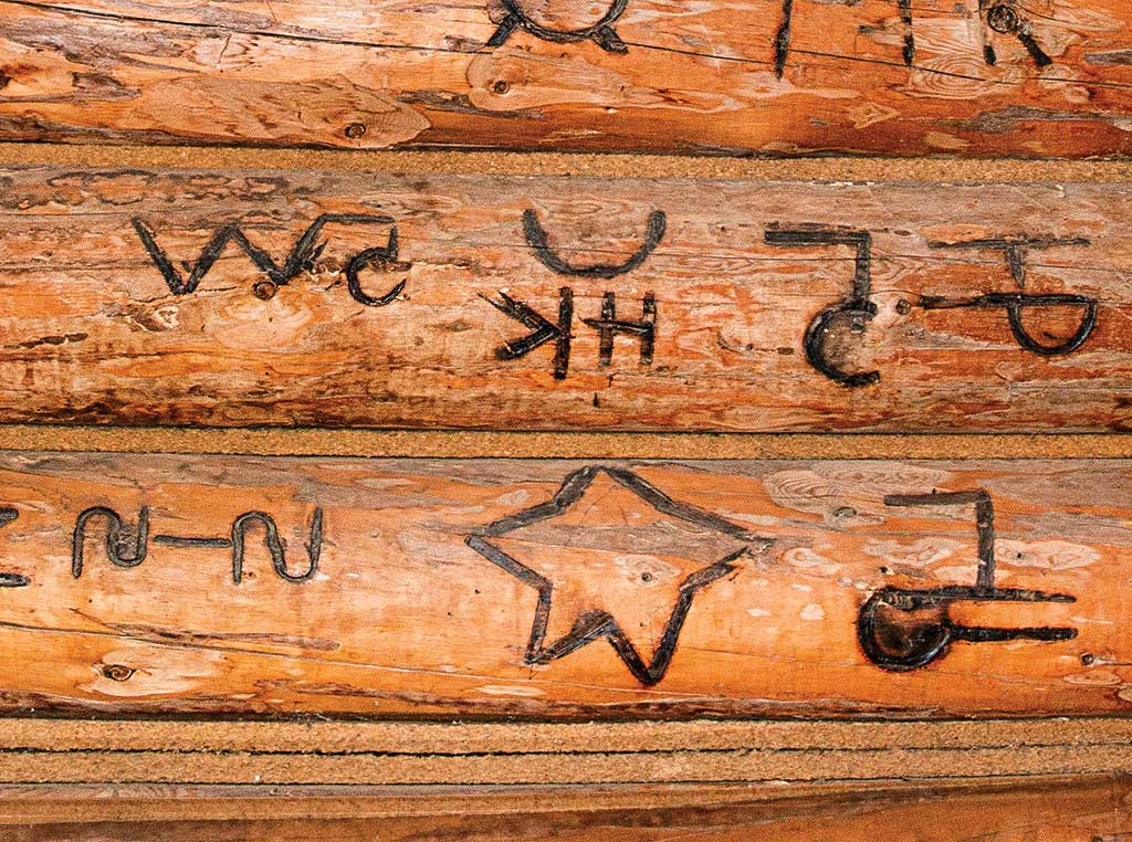 Log wall with symbols burned into them
