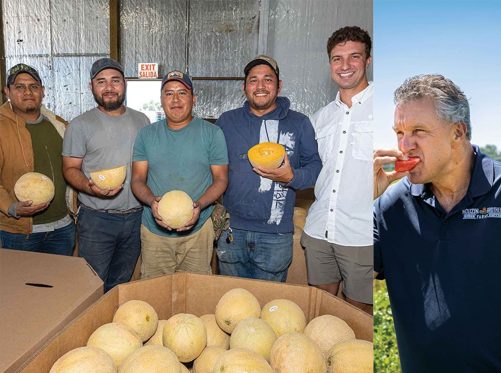 group of farmers presenting cantaloupes and man taking bite out of watermelon