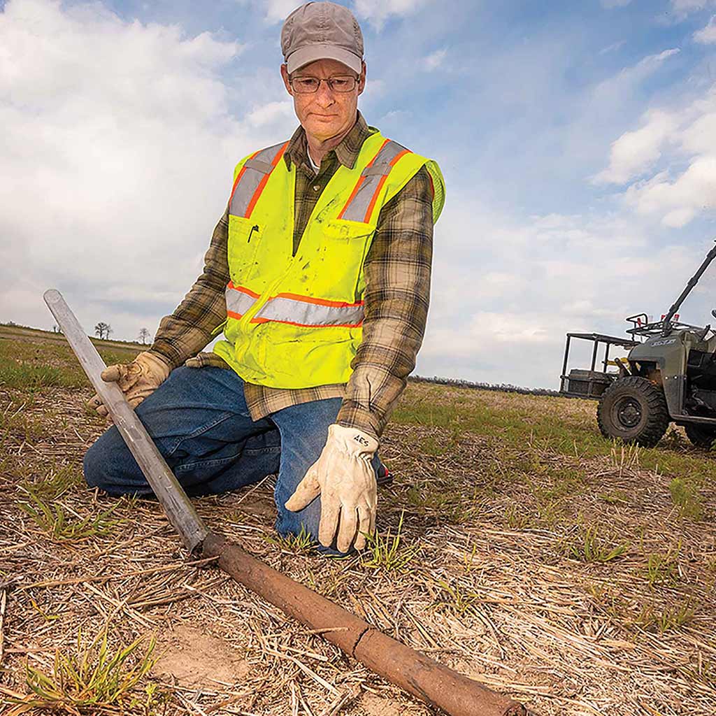 man analyzing soil core sample