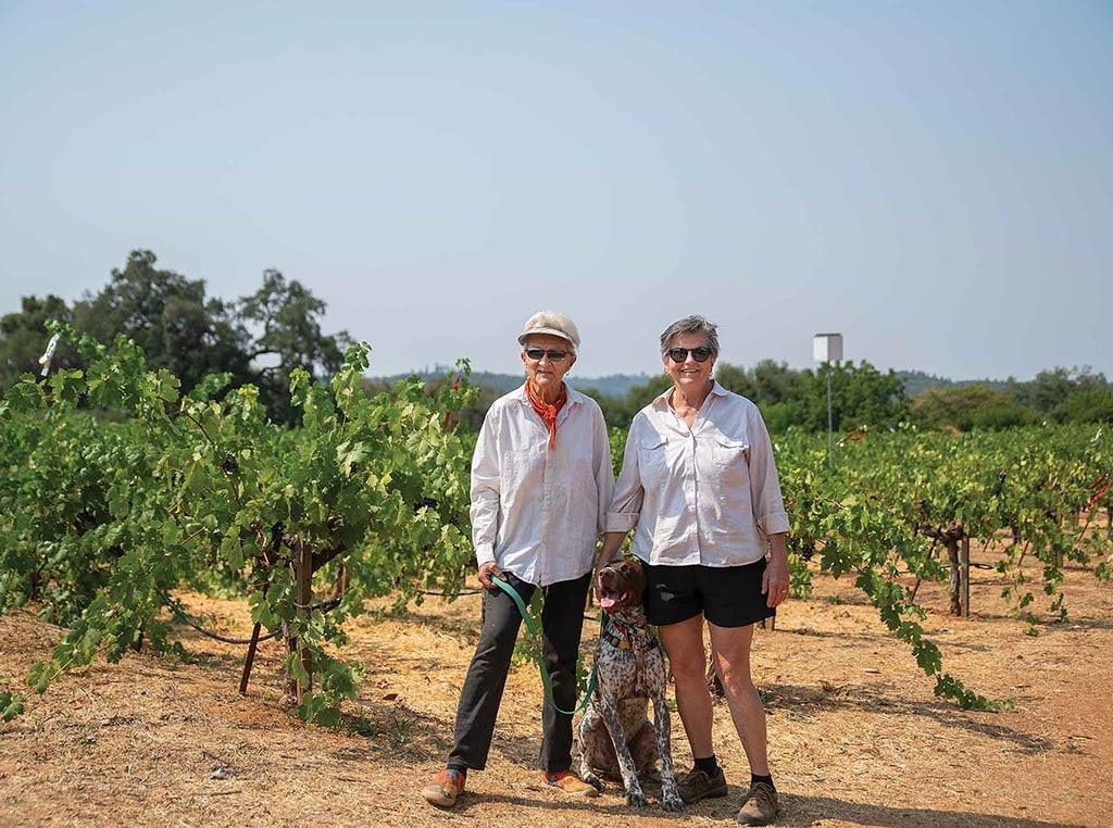 retired winery owners in vineyard with dog