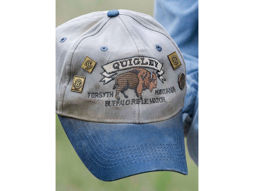  closeup of Quigley buffalo rifle ranch baseball cap