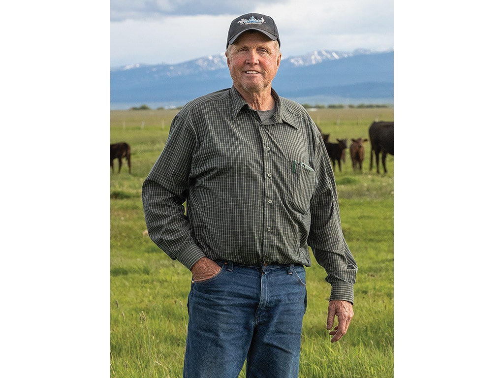  smiling person with baseball cap, green collared shirt and blue jeans standing in field with cows and mountains in background