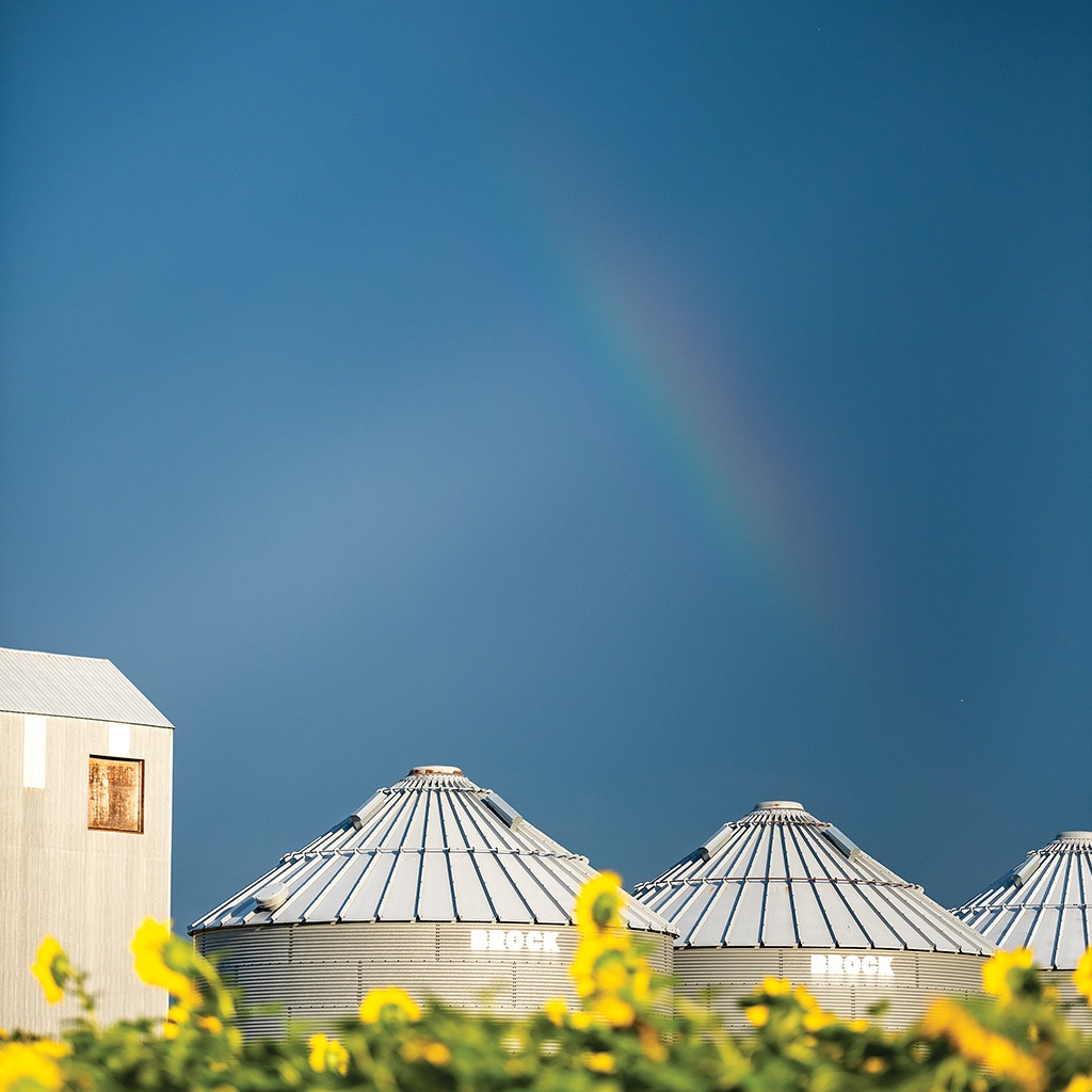 Double rainbow in the sky above the dairy farm