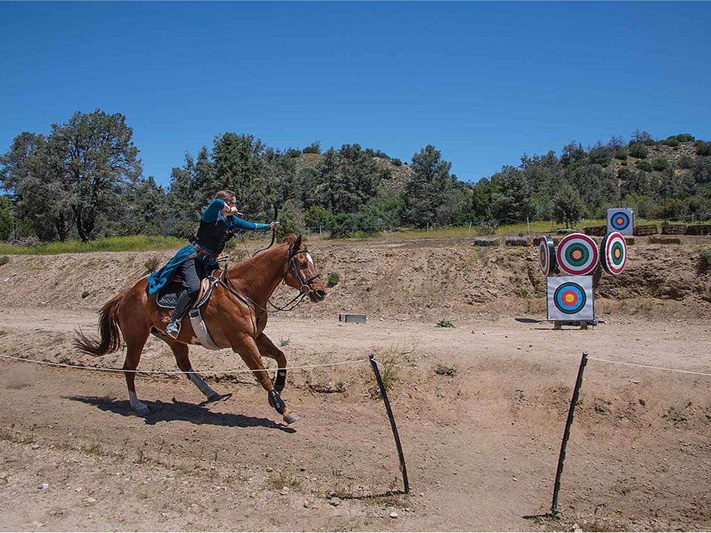 archer on a galloping auburn horse aiming at a target