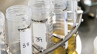 hypodermic needles pointing into plastic vials in a conveyor