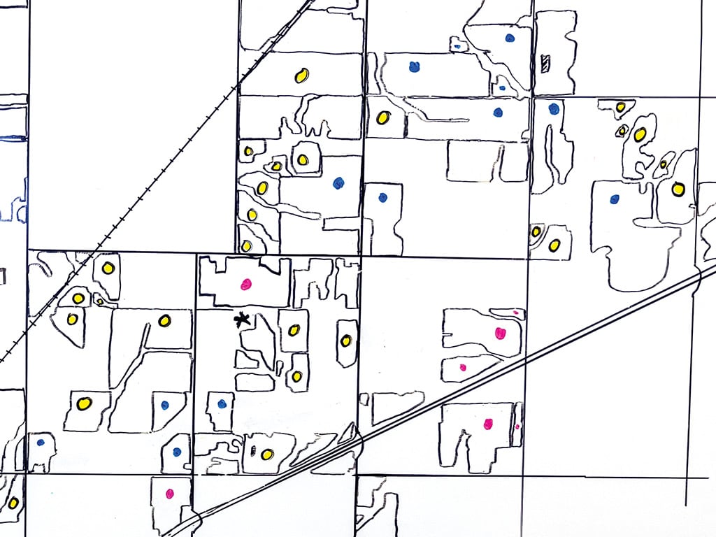 hand drawn field map with locations of crop types