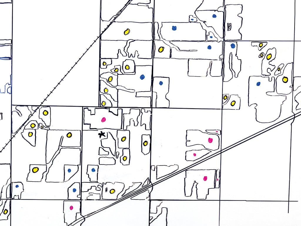 hand drawn field map with locations of crop types