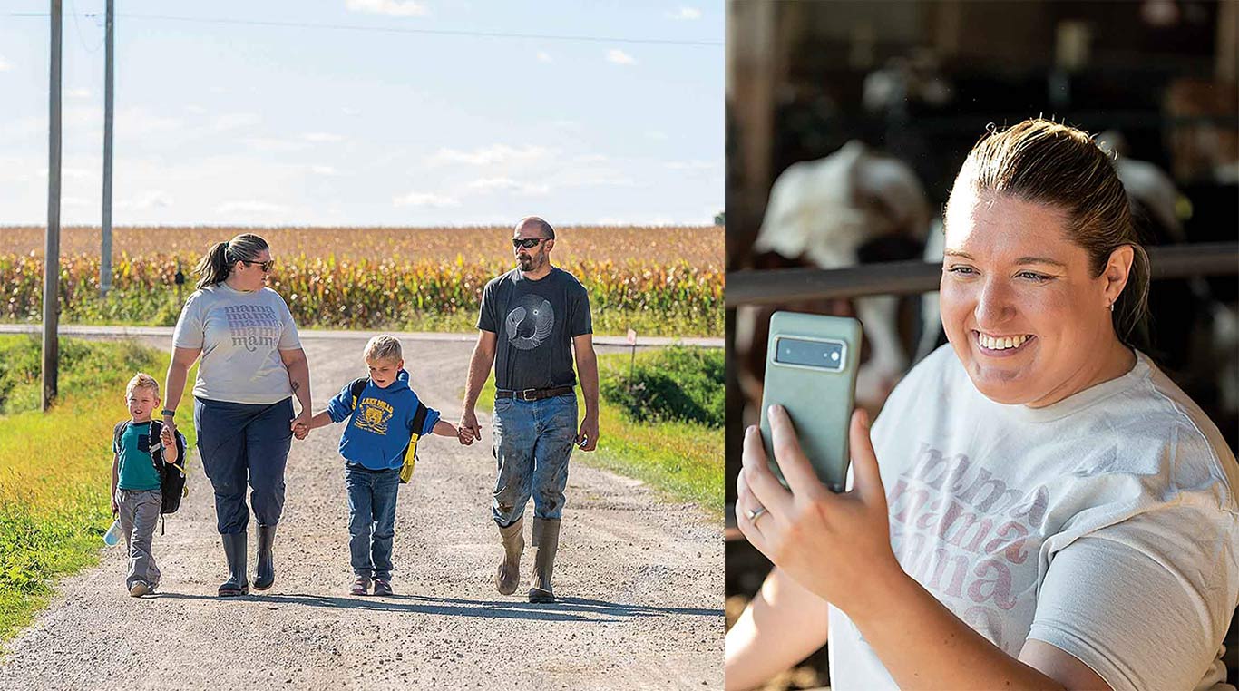 family walking down gravel road with cornfield in background and woman smiling at cellphone
