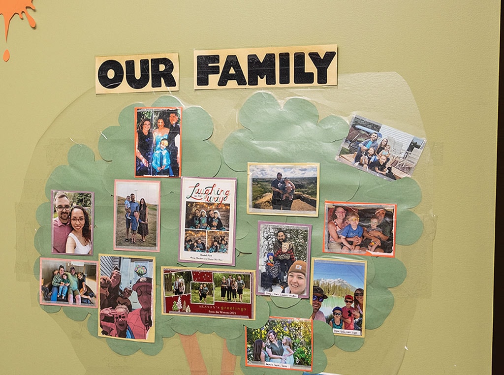 photos on a wall with the words Our Family above