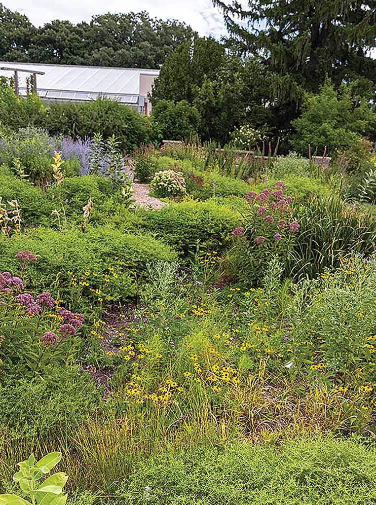 sprawling gardens with greenhouse in background