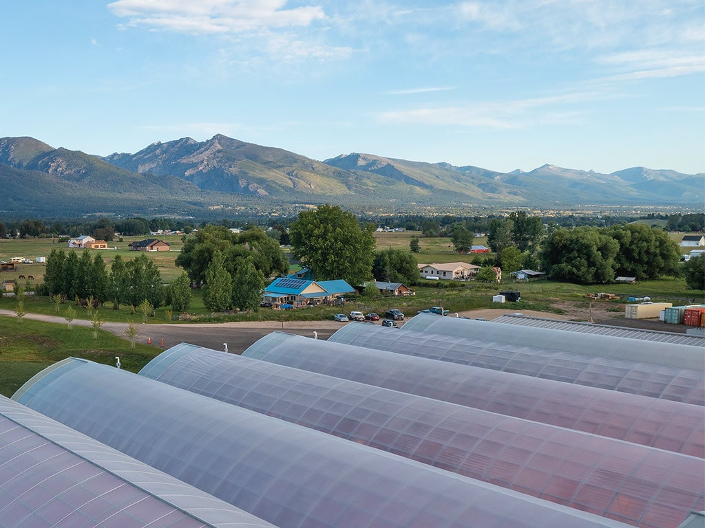 The roof of Bounti's greenhouse with mountains in the distance
