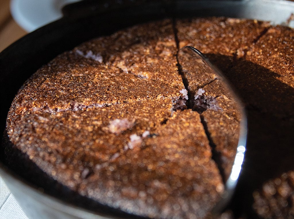 closeup of cornbread in pan