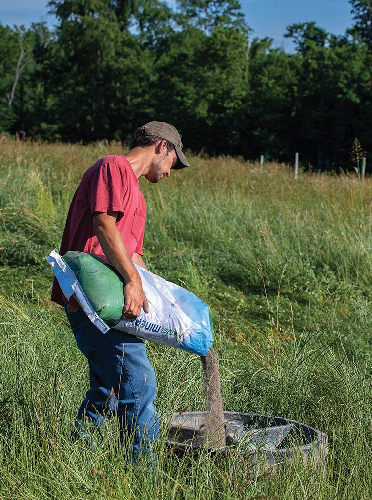 man pouring bison feed into feeding bowl