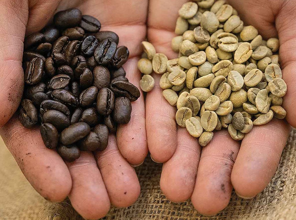 closeup of roasted and green coffee beans in the palms of two hands