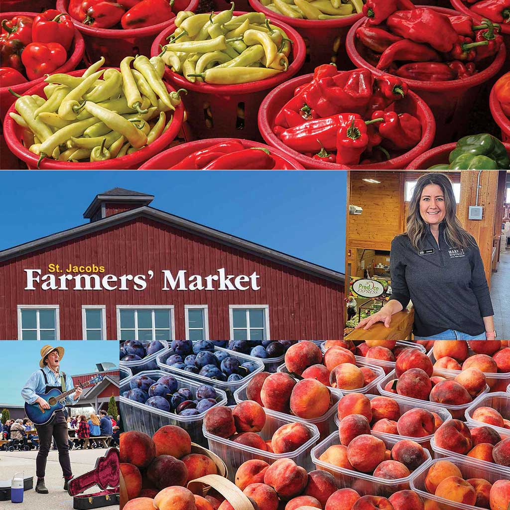collage of bright colored peppers, woman smiling, guitar player, St. Jacobs Farmers' Market, plums, and peaches