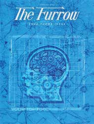 Blueprint style drawing of human head with brain illustrated