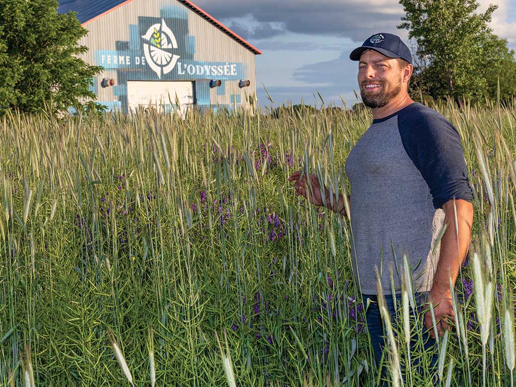 Person smiling in field of long grass with beard and baseball cap with trees and warehouse in background