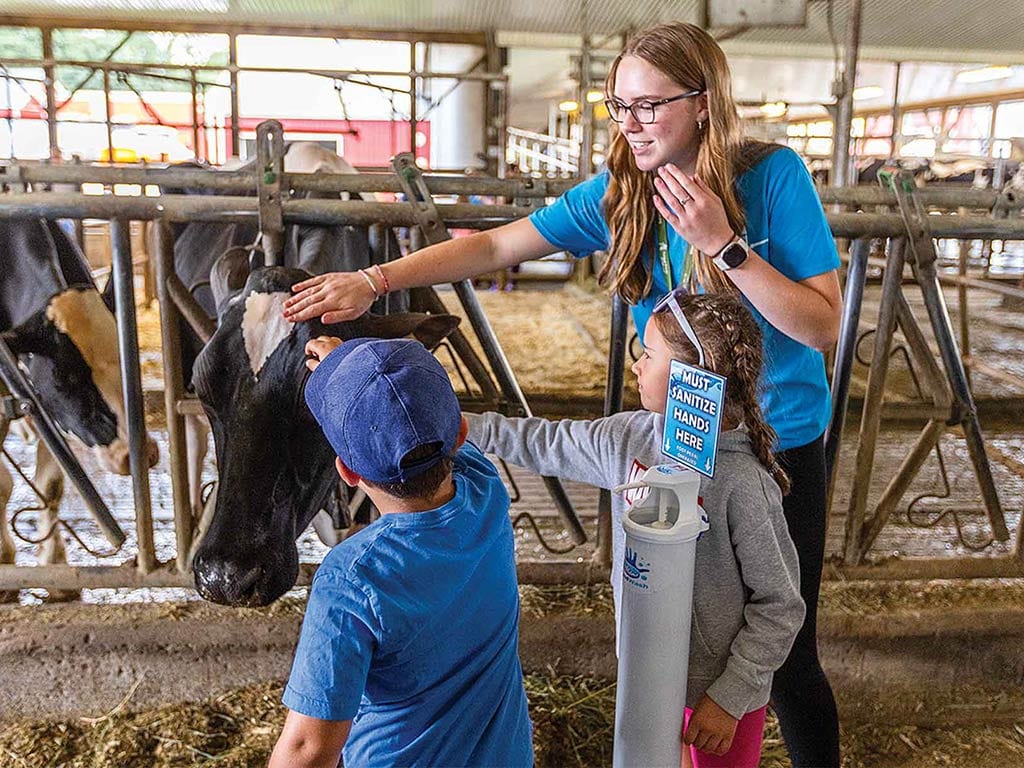 children petting a cow's head in a barn