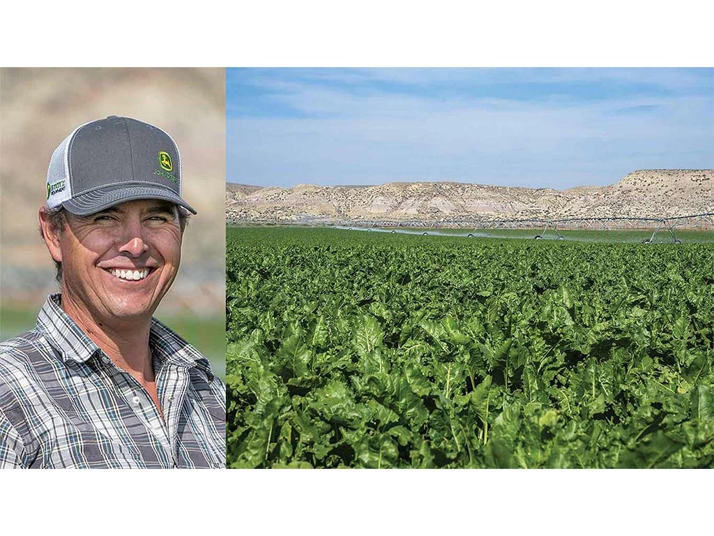 Person smiling in field with John Deere baseball cap on alongside image of irrigation sprayer in a field of green crops with hills in the background